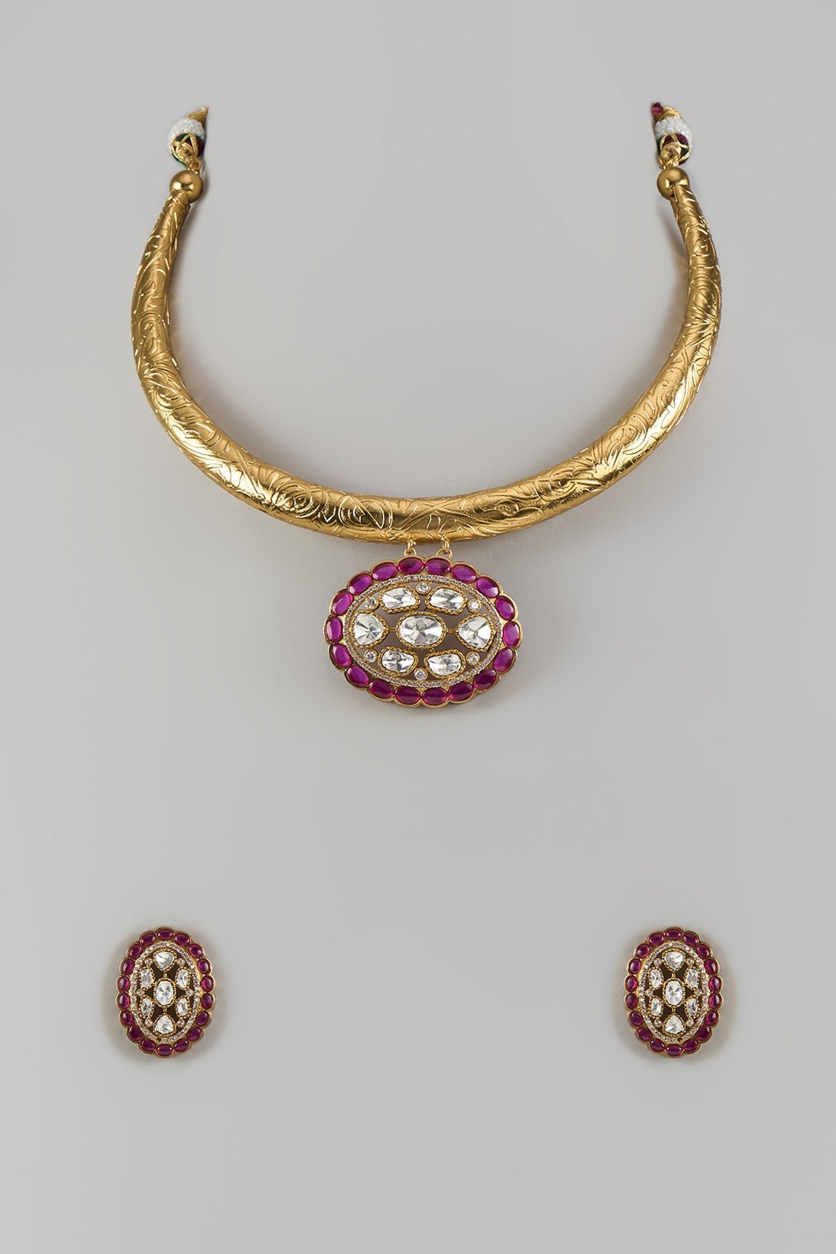 Gold Finish Uncut Zircon & Ruby Synthetic Stone Choker Necklace Set