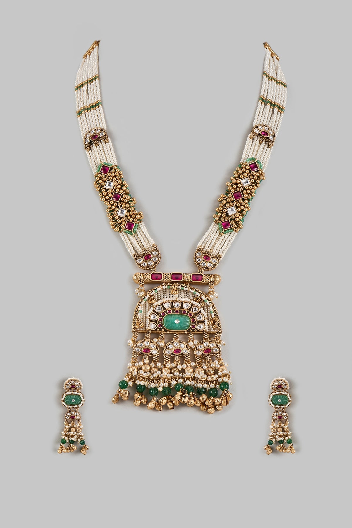 Gold Finish Uncut Zircon & Synthetic Green Stone Jadtar Pendant Necklace Set