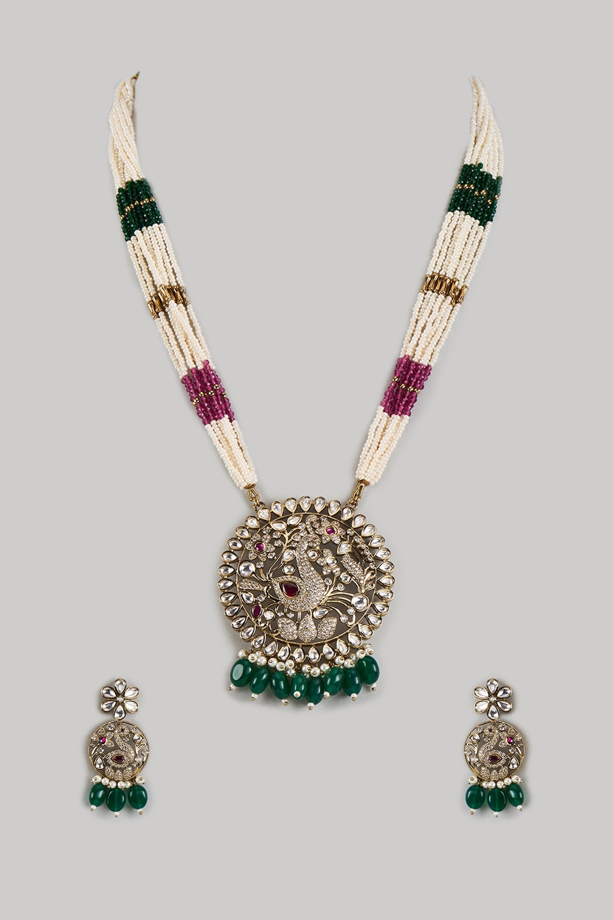 Victorian Finish Uncut Zircon & Emerald Green Beaded Pendant Necklace Set