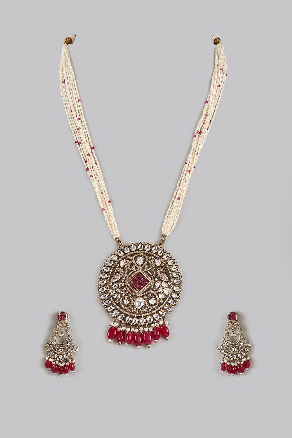 Victorian Finish Uncut Zircon & Ruby Red Stone Jadtar Pendant Necklace Set