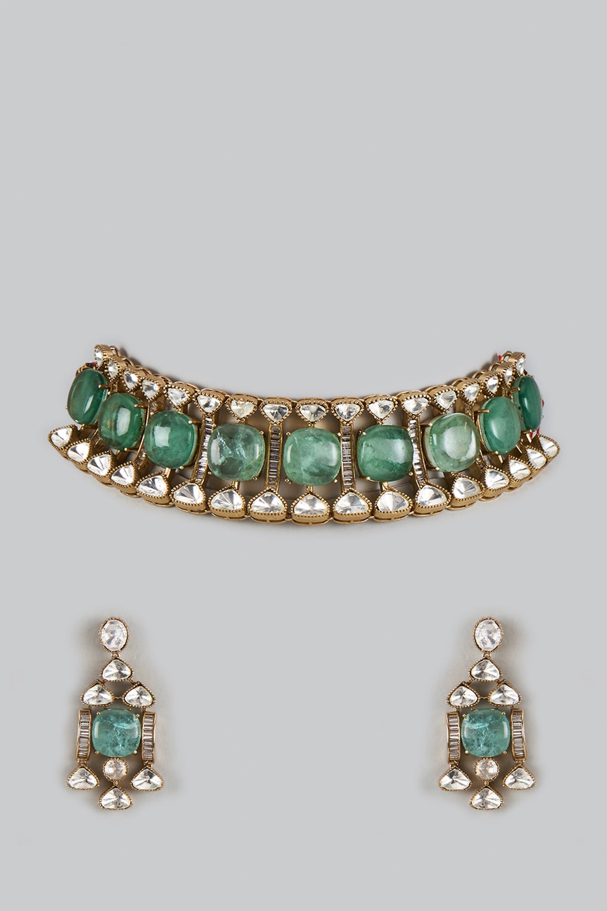Victorian Finish Uncut Zircon & Mint Green Semi-precious Stone Choker Necklace Set