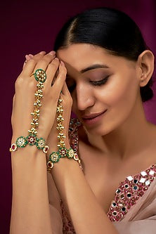 Gold Finish Multi-Colored Kundan Polki Floral Hathphool