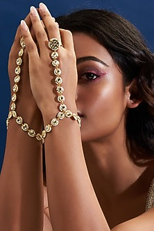 Gold Finish Yellow Kundan Polki Hathphool