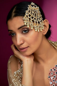 Gold Finish Yellow Kundan Polki & Pearls Chand Pasa