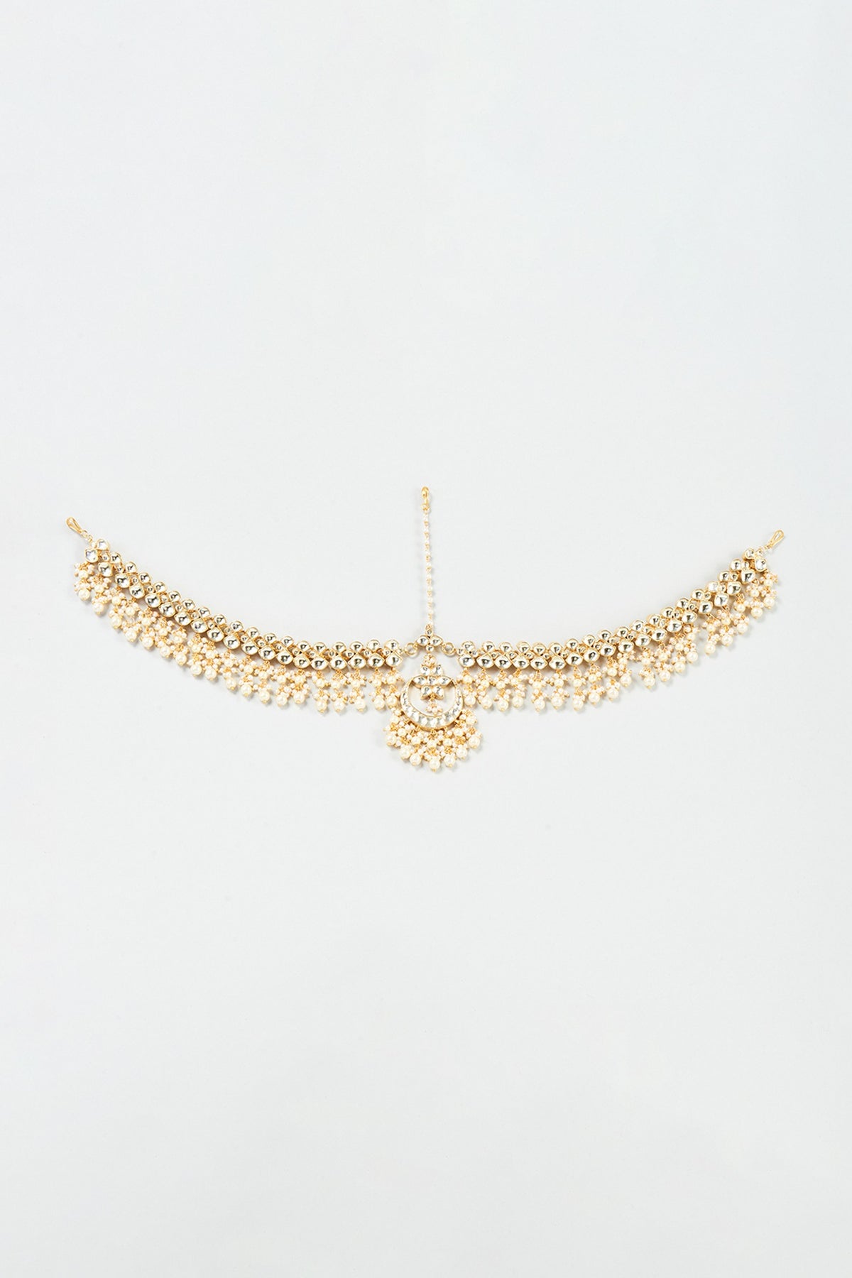Gold Finish Yellow Kundan Polki & Pearl Mathapatti