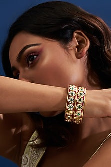 Gold Finish Multi-Colored Kundan Polki Bangles (Set Of 2)