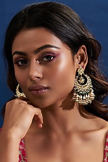 Gold Finish Yellow Kundan Polki & Pearl Chandbaali Earrings
