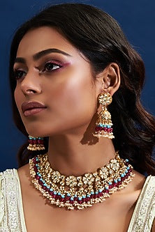 Gold Finish Yellow & Pink Kundan Polki Choker Necklace Set