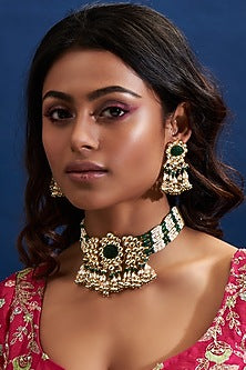 Gold Finish Yellow & Green Kundan Polki Choker Necklace Set