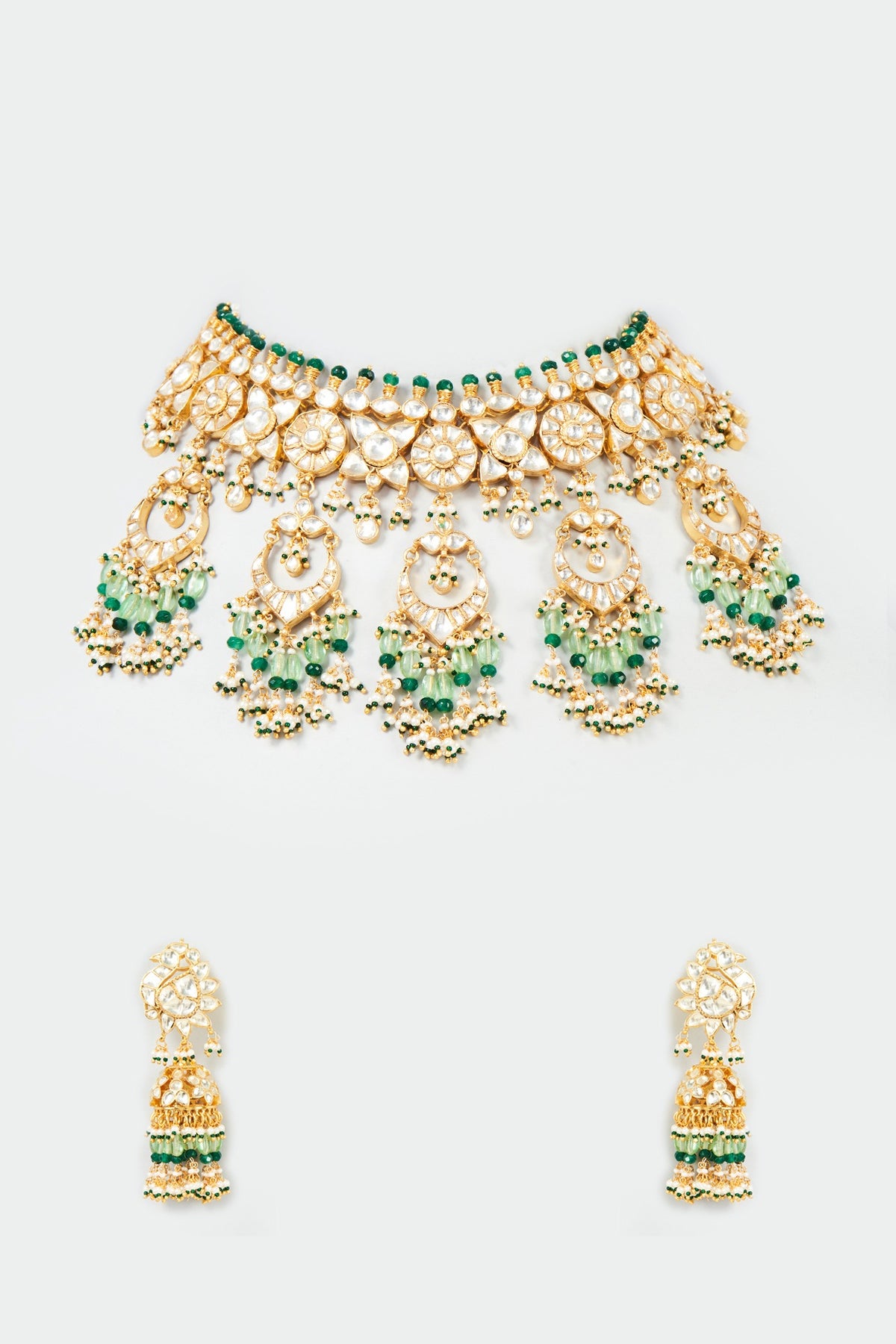 Gold Finish Yellow & Mint Kundan Polki Choker Necklace Set