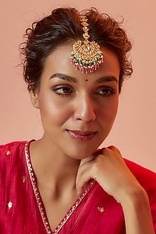 Gold Finish Yellow Kundan Polki Maangtikka
