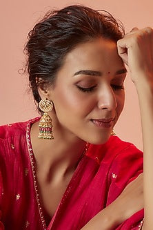 Gold Finish Yellow Kundan Polki & Maroon Stone Dangler Earrings