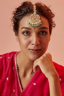 Gold Finish Yellow Kundan Polki & Green Pearl Maangtikka