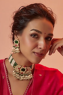 Gold Finish Green Beads & Kundan Polki Choker Necklace Set