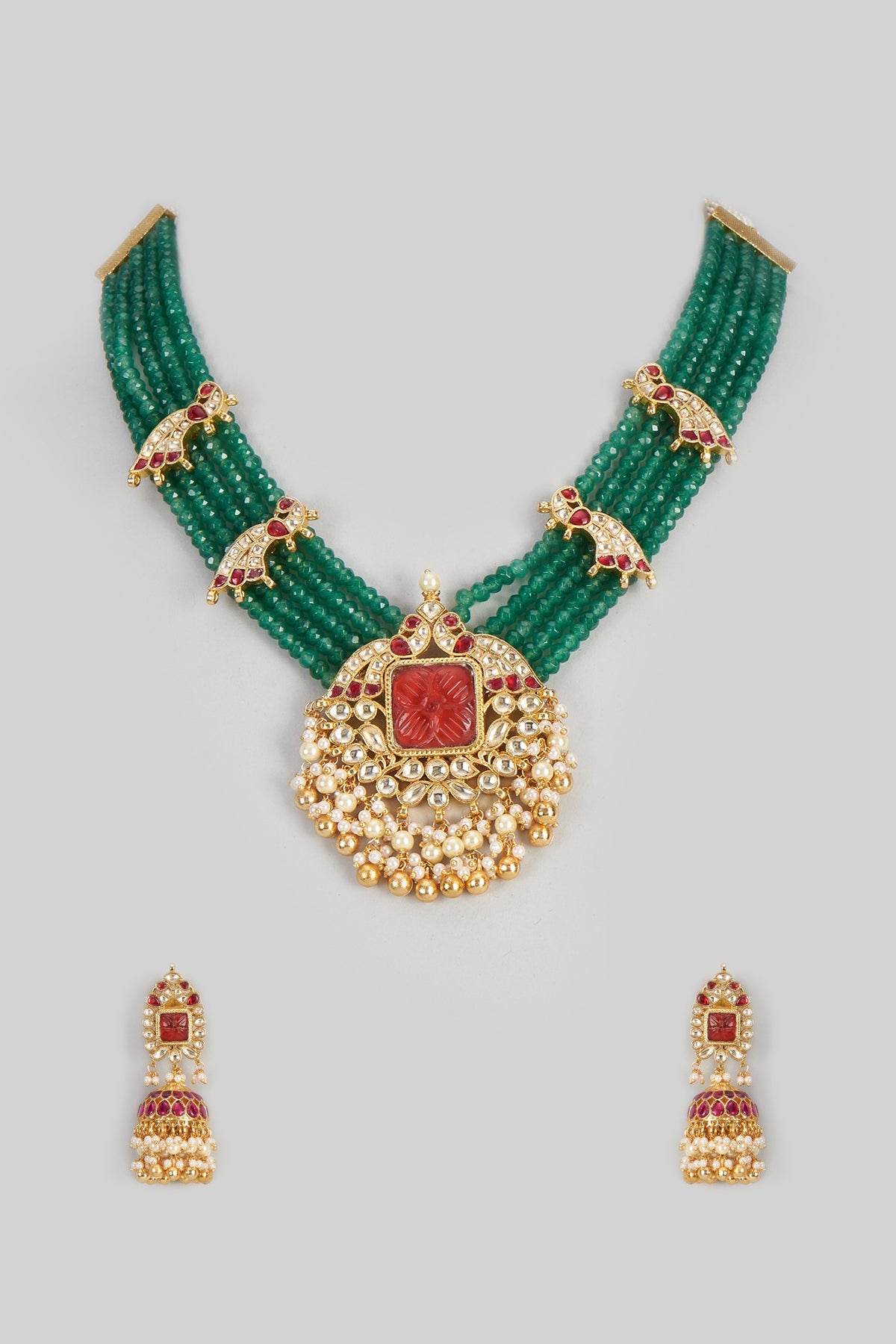 Gold Finish Red Stone & Kundan Polki Choker Necklace Set