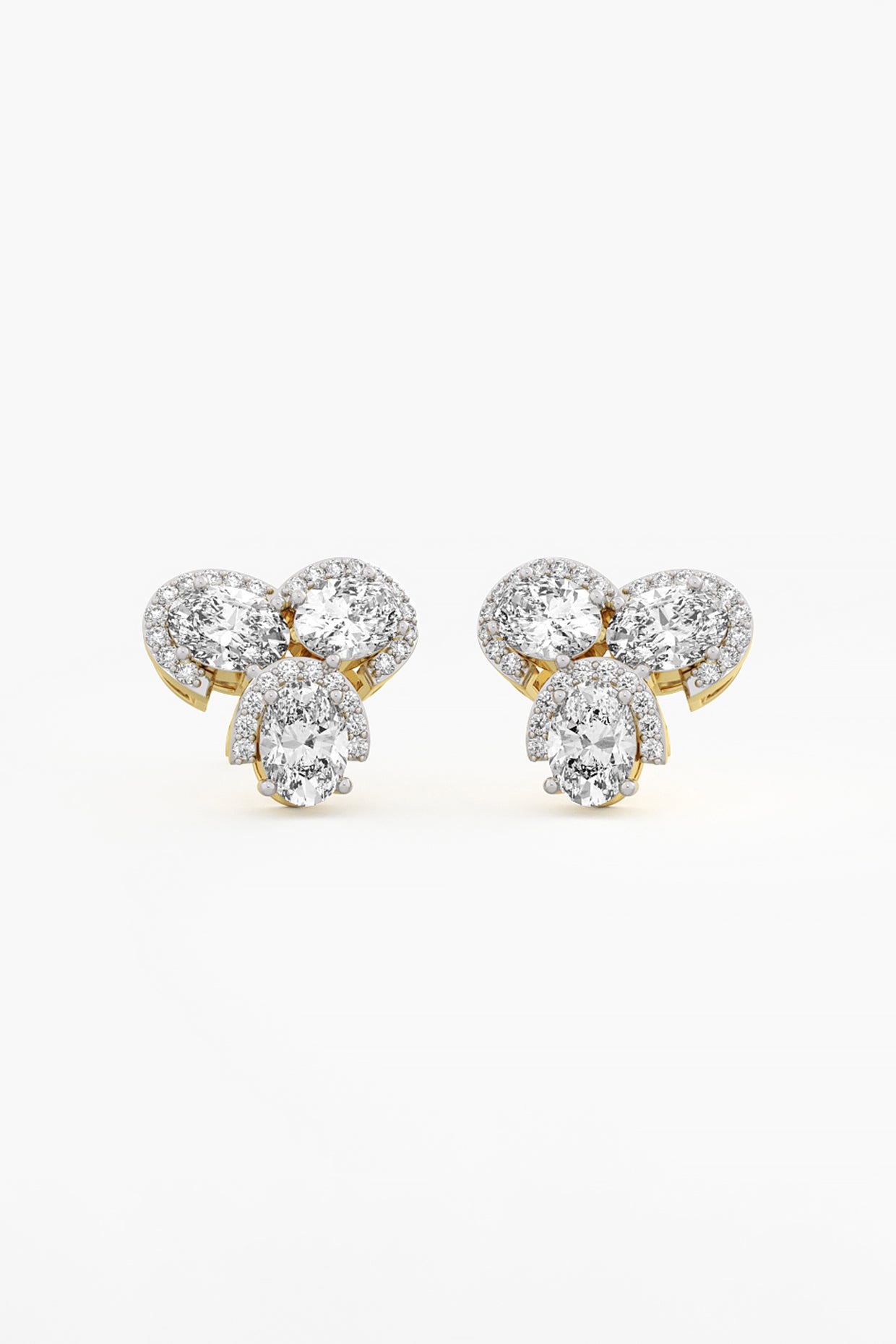 14kt Yellow Gold Finish Lab Grown Oval-Cut Diamond Cluster Earrings
