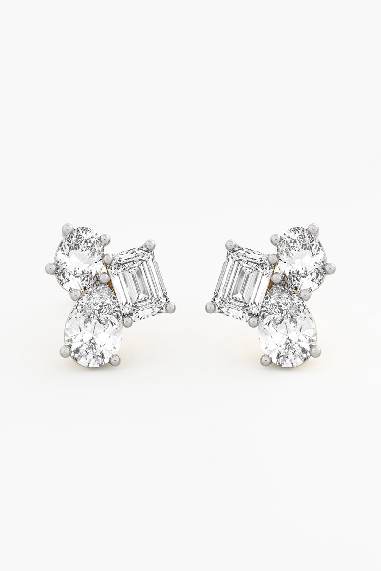 14kt Yellow Gold Finish Lab Grown Oval & Emerald-Cut Diamond Cluster Earrings