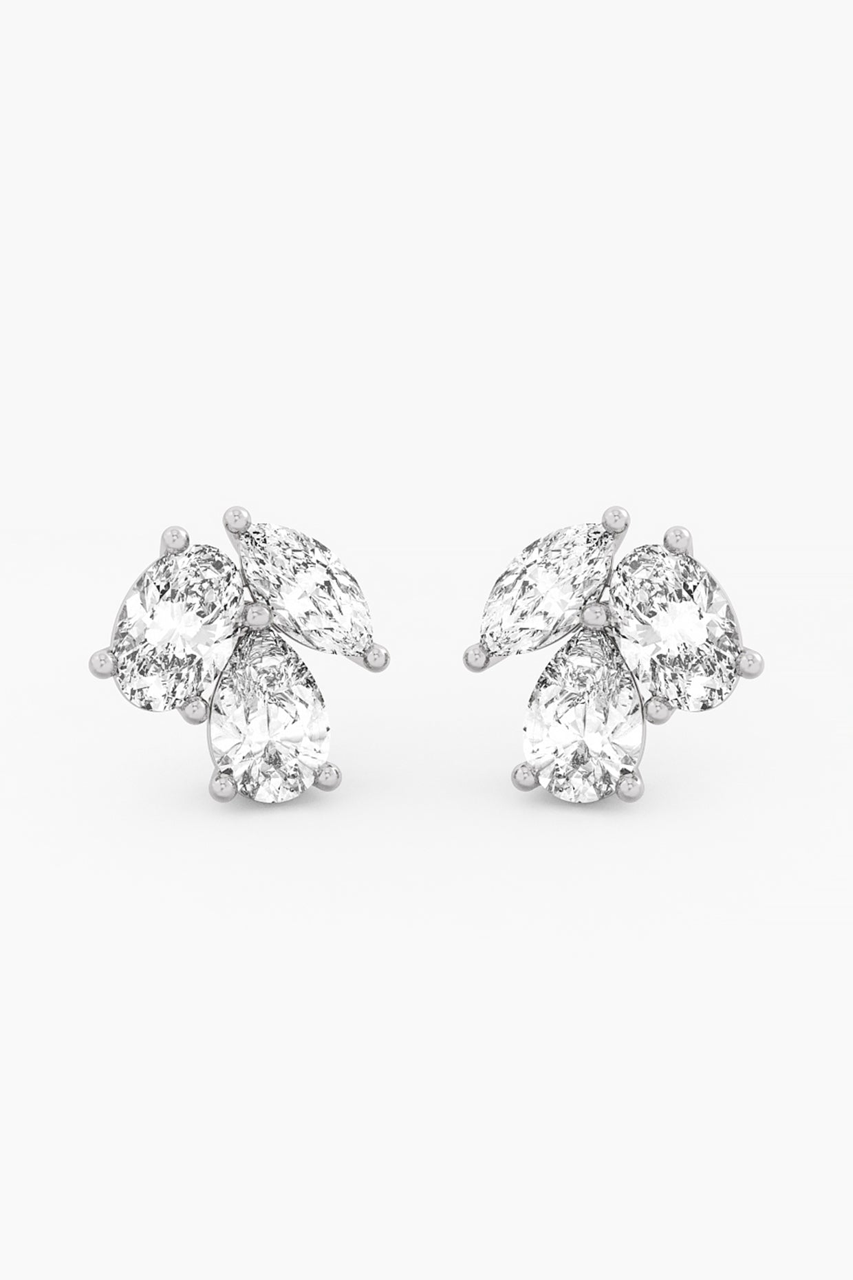 14kt White Gold Finish Lab Grown Oval & Marquise-Cut Diamond Cluster Earrings