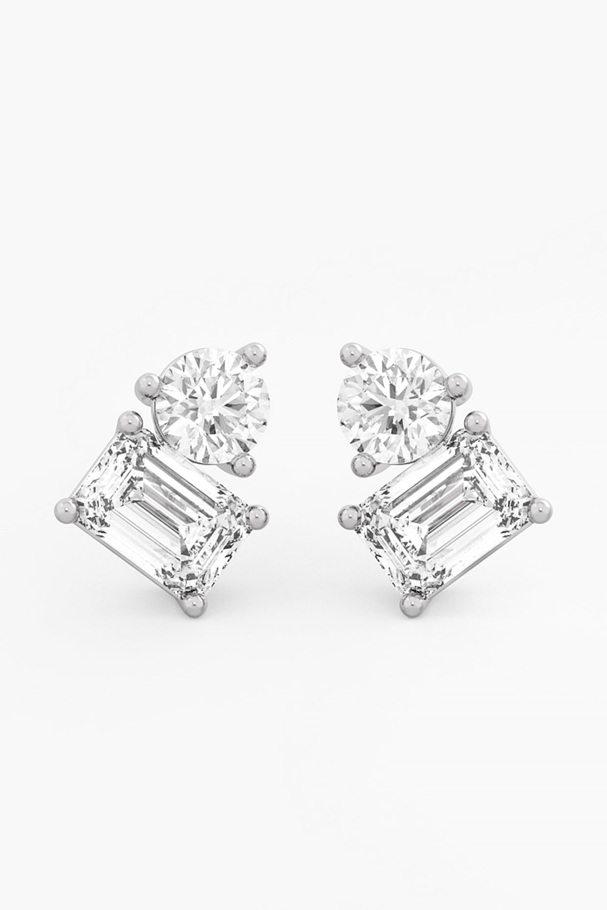 14kt White Gold Finish Lab Grown Round & Emerald-Cut Diamond Cluster Earrings