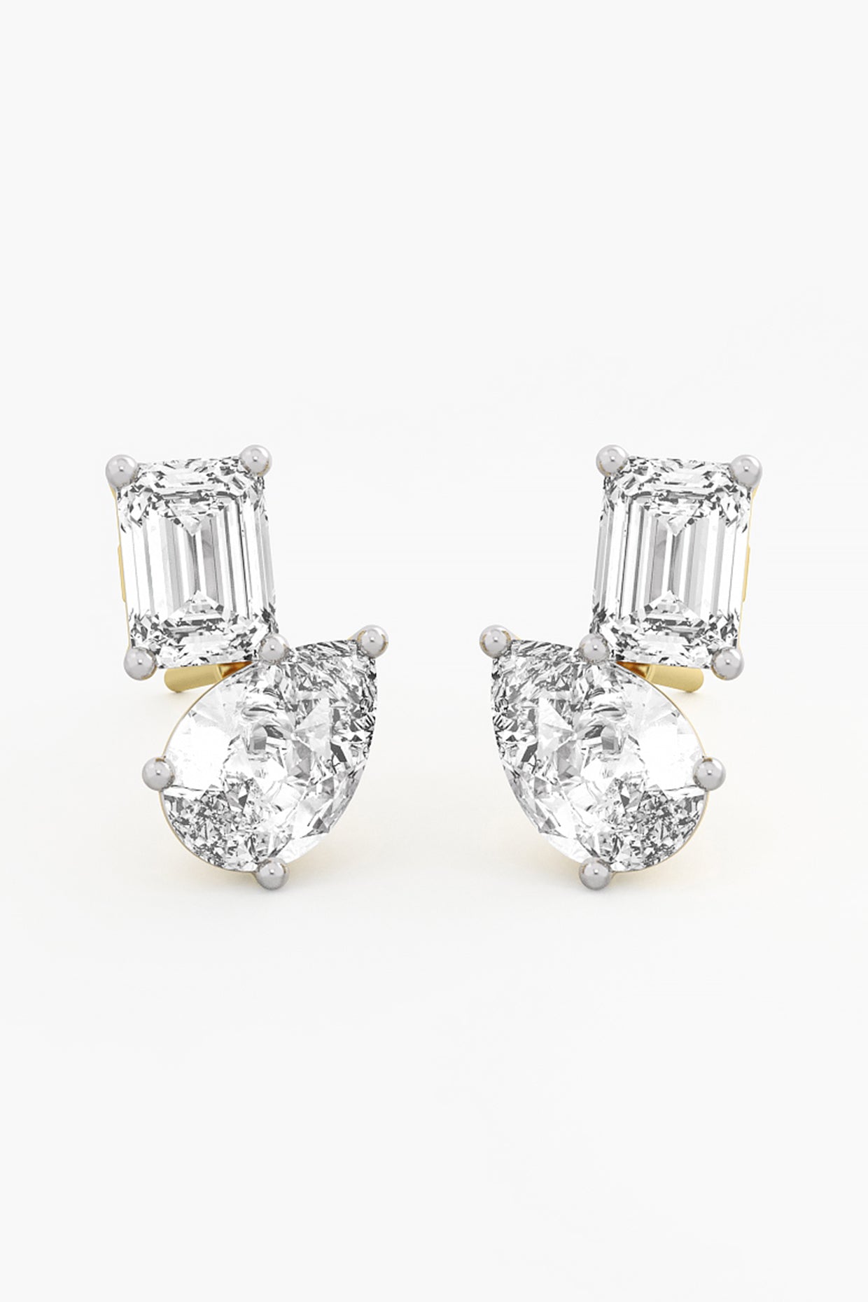 14kt Yellow Gold Finish Lab Grown Pear & Emerald-Cut Diamond Cluster Earrings