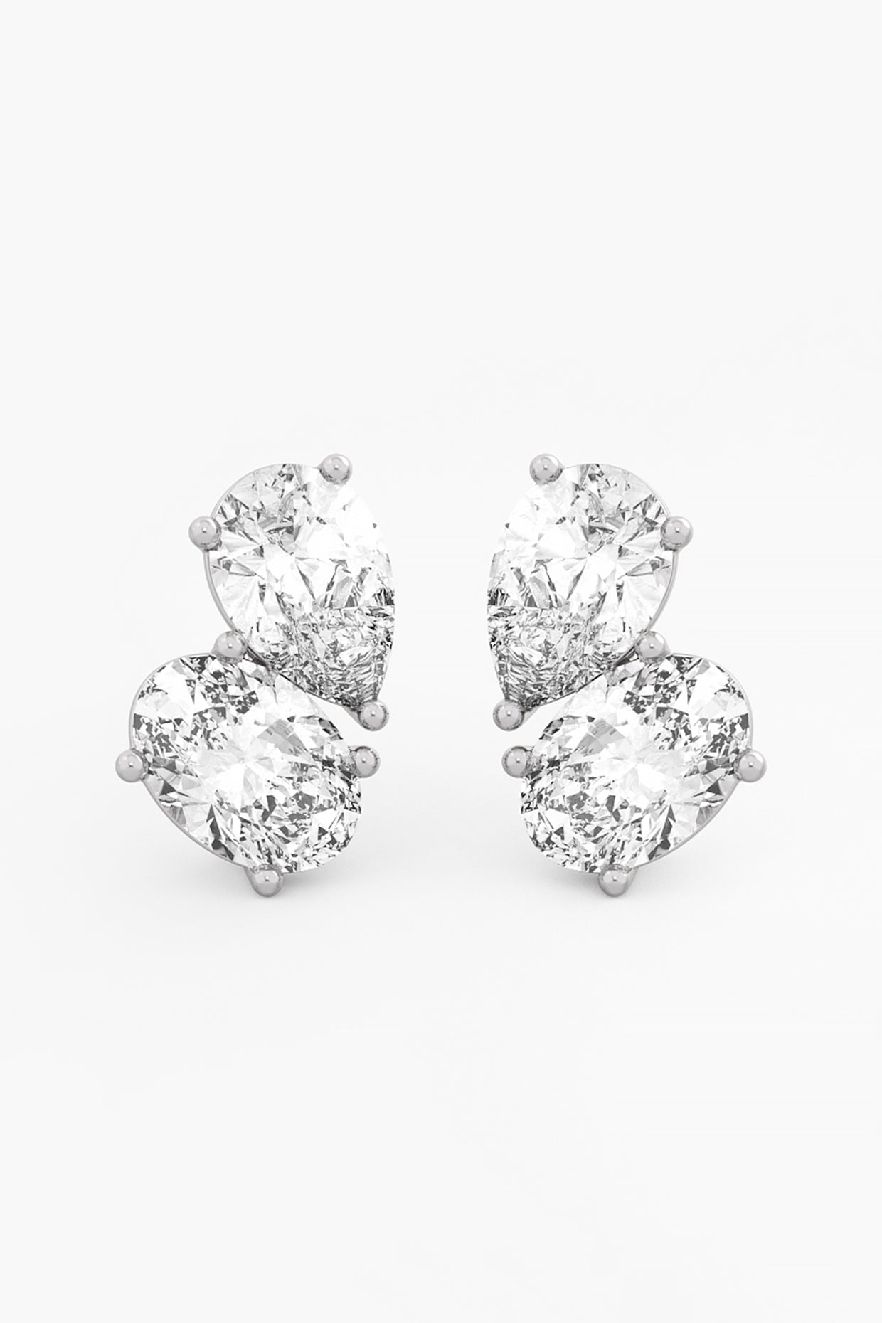 14kt White Gold Finish Lab Grown Pear & Oval-Cut Diamond Cluster Stud Earrings