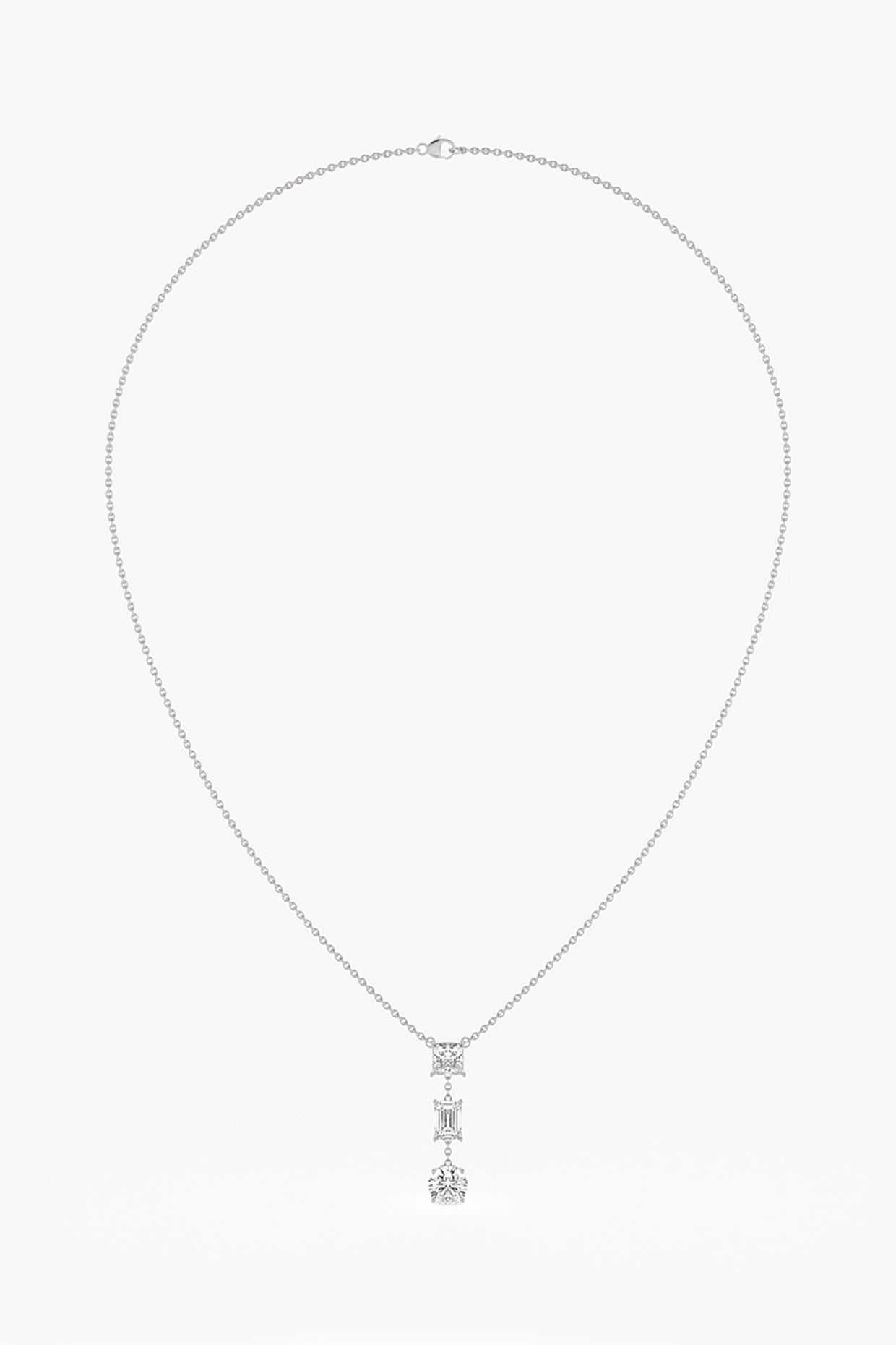 14kt White Gold Finish Lab Grown Princess & Emerald-Cut Diamond Drop Necklace