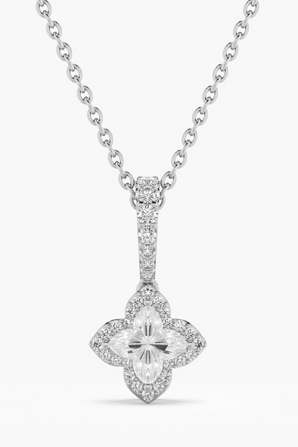 14kt White Gold Finish Lab Grown Floral-Cut Diamond Drop Pendant