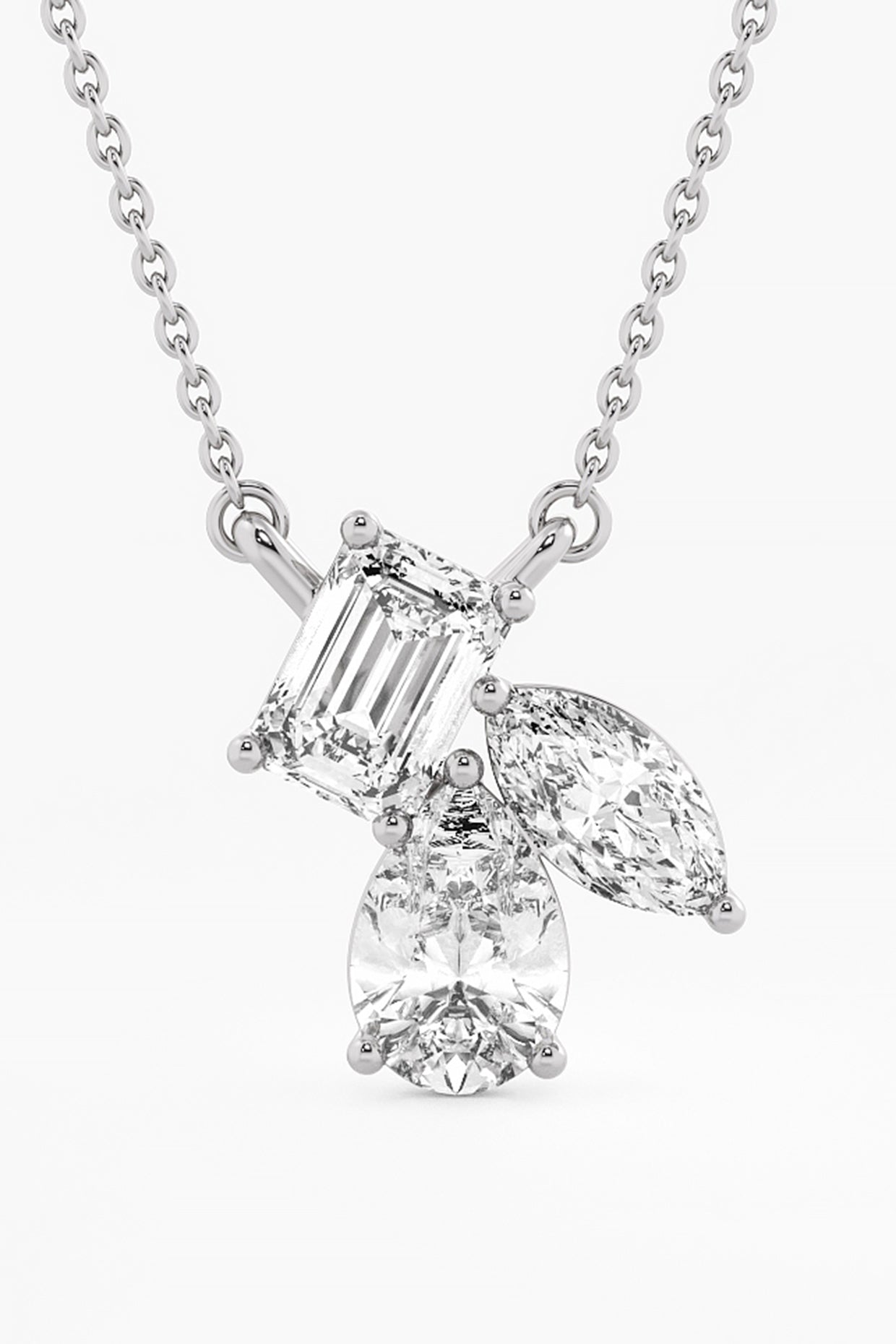 14kt White Gold Finish Lab Grown Pear Marquise & Emerald-Cut Diamond Cluster Pendant