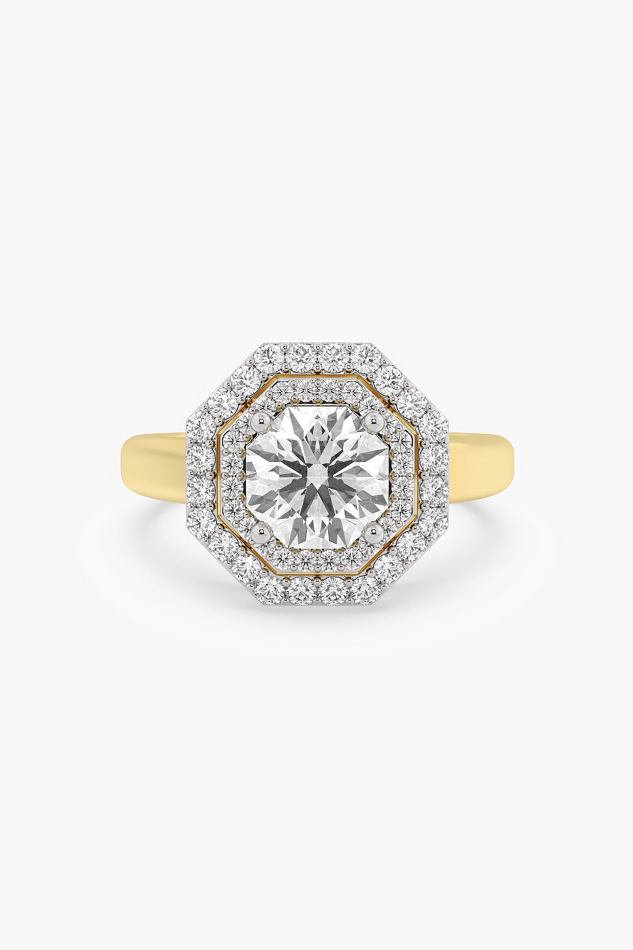 14kt Yellow Gold Finish Lab Grown Round & Ashth-Cut Diamond Halo Ring