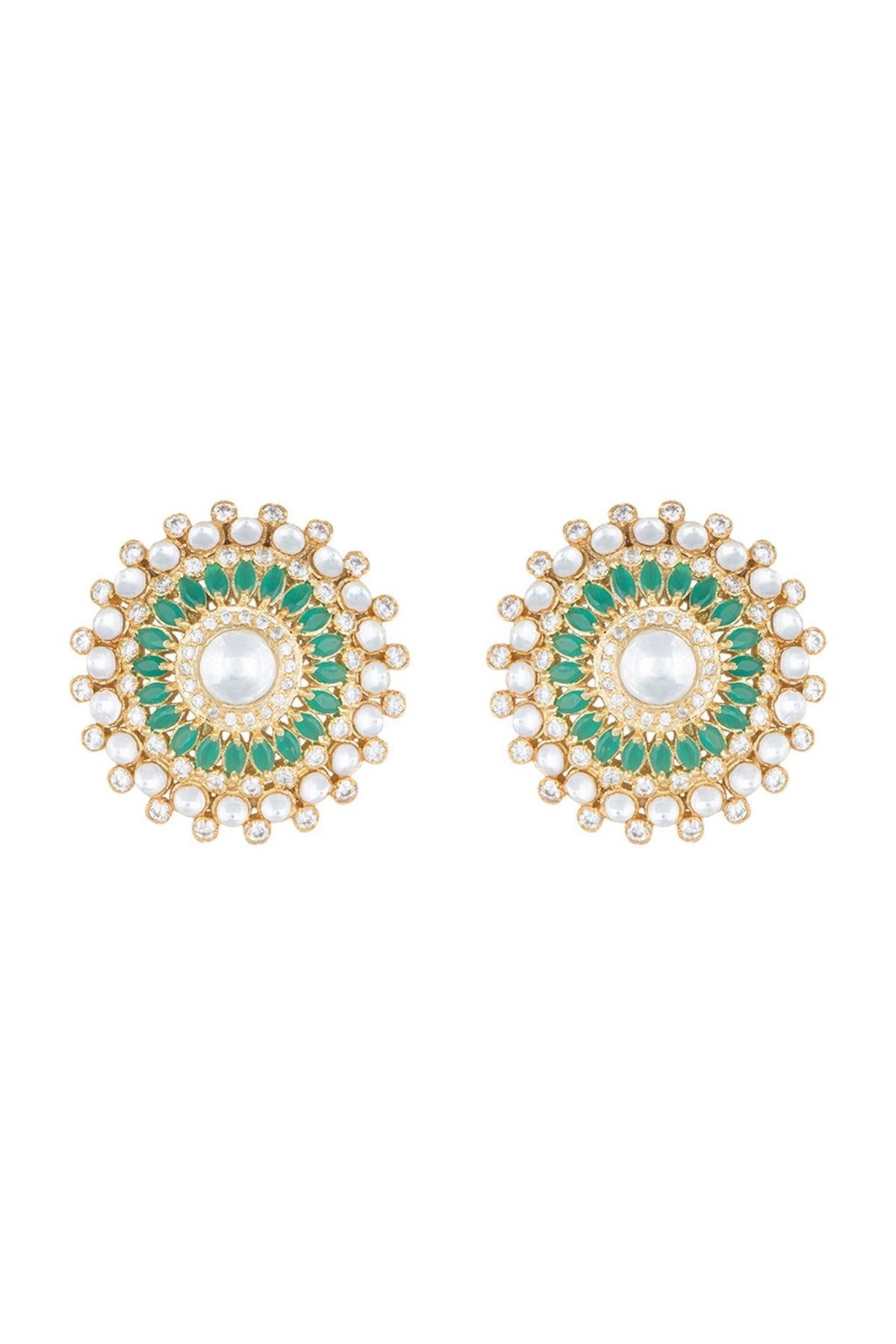 Yellow Rhodium Plated Faux Polki & Emerald Stud Earrings
