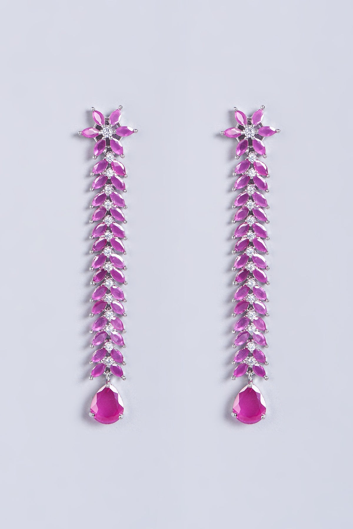 White Finish Red Faux Diamonds Dangler Earrings