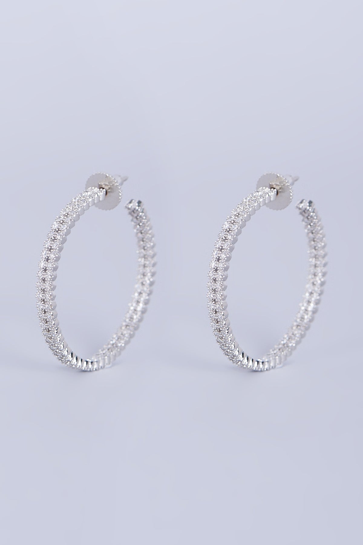 White Finish Faux Diamonds Hoop Earrings