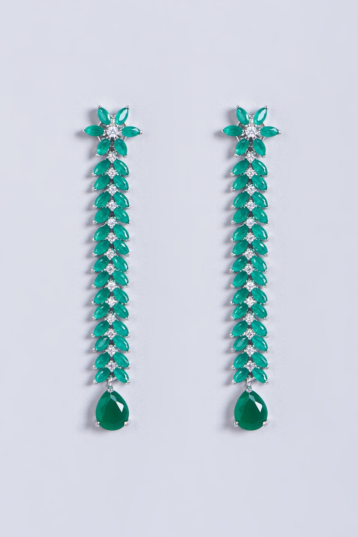White Finish Green Faux Diamonds Dangler Earrings