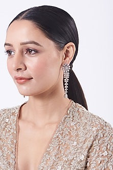 White Finish Faux Diamonds Long Dangler Earrings