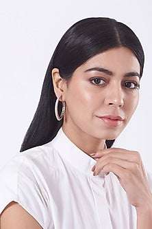 White Finish Faux Diamonds Hoop Earring In Mixed Metal