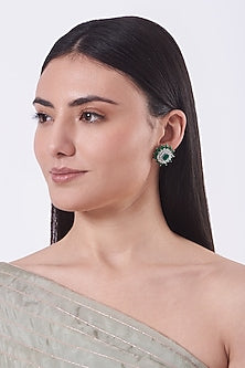 White Finish Green Stones Stud Earrings