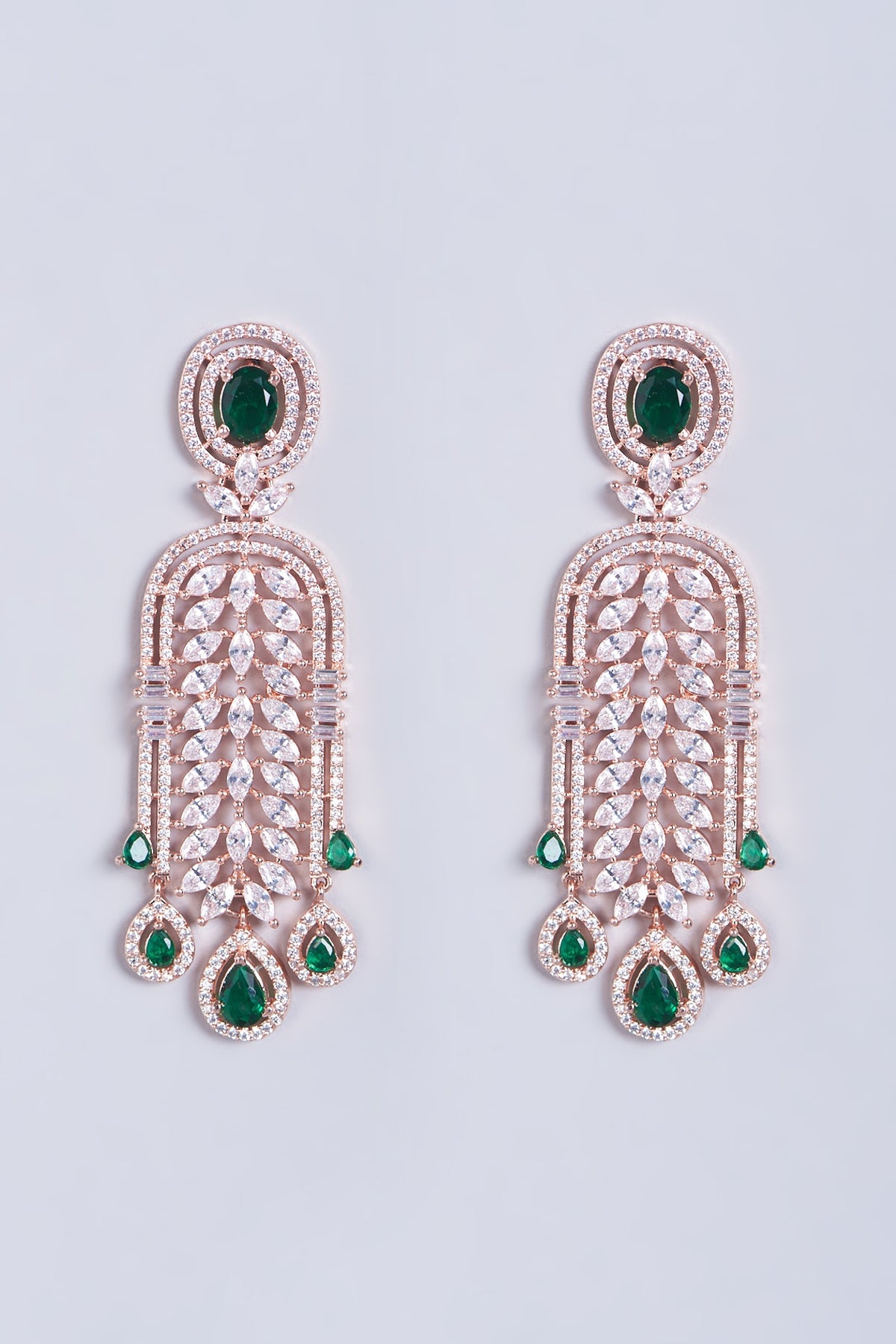 Rose Gold Finish Zircons & Green Stone Dangler Earrings