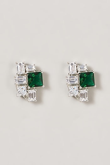 White Finish Zircon & Green Stone Stud Earrings