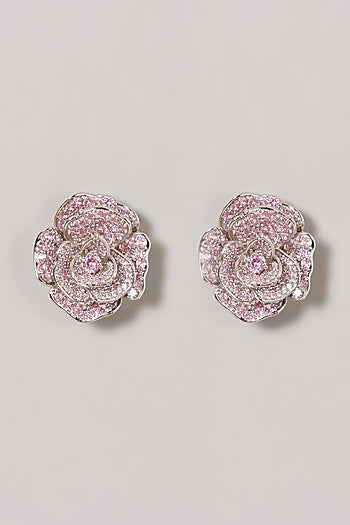 White Finish Pink Zircon Stud Earrings