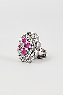 Black Rhodium Finish Faux Diamond & Pink Stone Ring