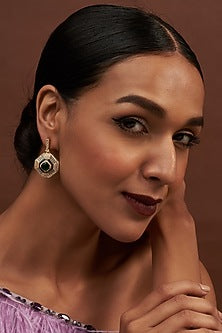 Gold Finish Faux Diamond & Green Stone Dangler Earrings