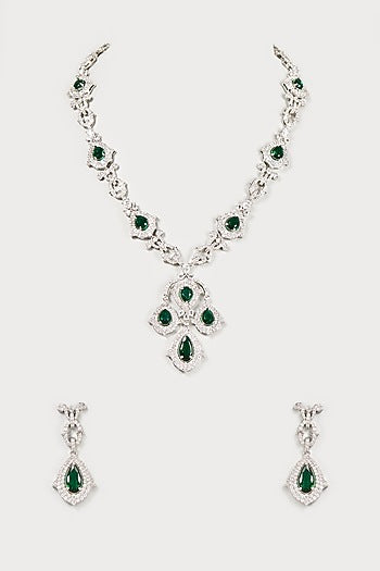 White Finish Faux Diamond & Emerald Long Necklace Set