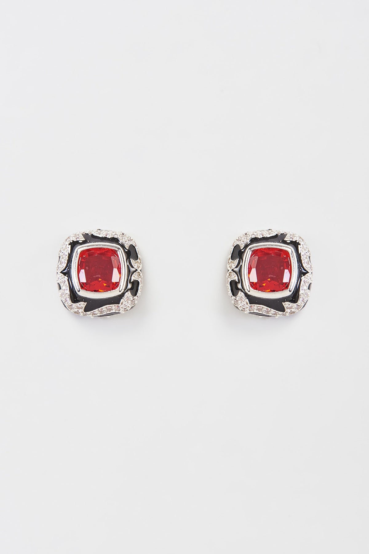 Black Rhodium Finish Faux Diamond & Ruby Stud Earrings