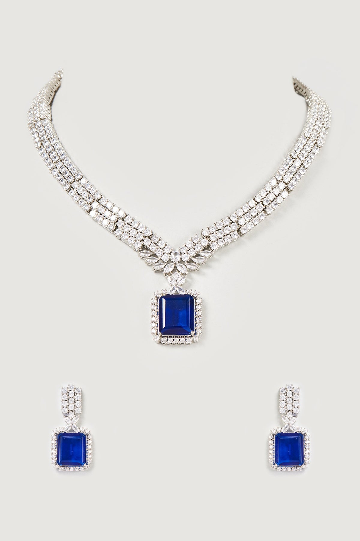 White Finish Faux Diamond & Sapphire Necklace Set