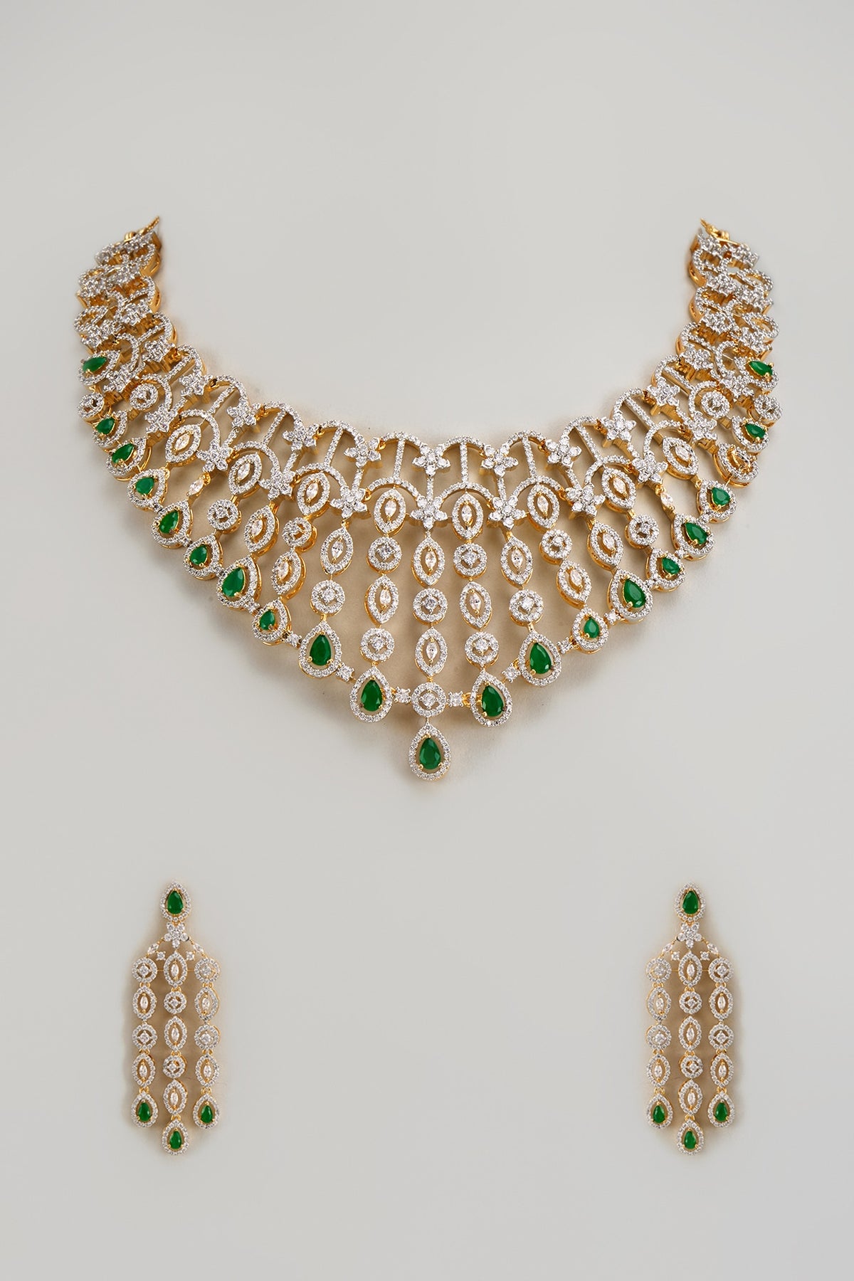 Gold Finish Zircon & Green Stone Necklace Set