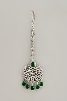 White Finish Zircon & Green Stone Maangtikka