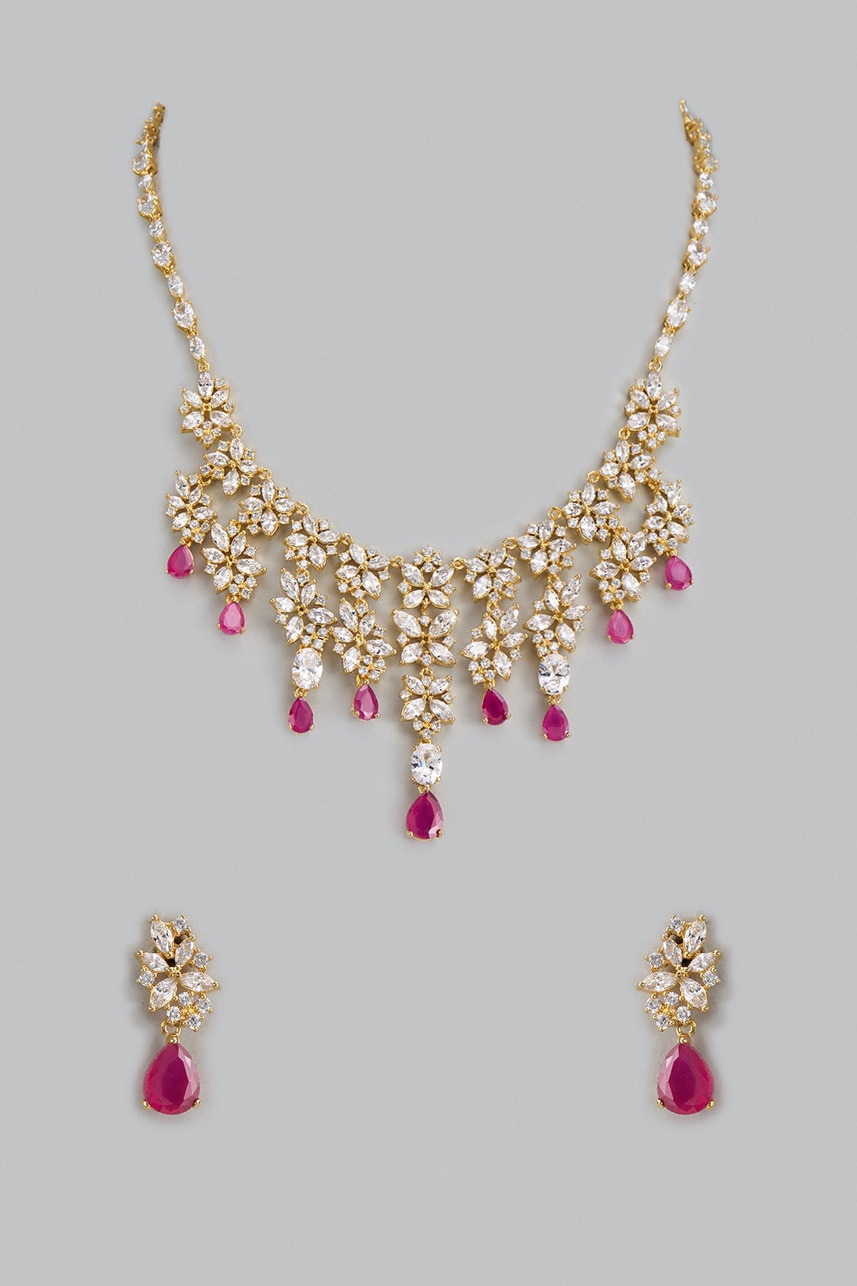 Gold Finish Zircon & Red Stone Necklace Set