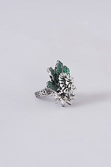White Finish Zircon & Green Stone Ring