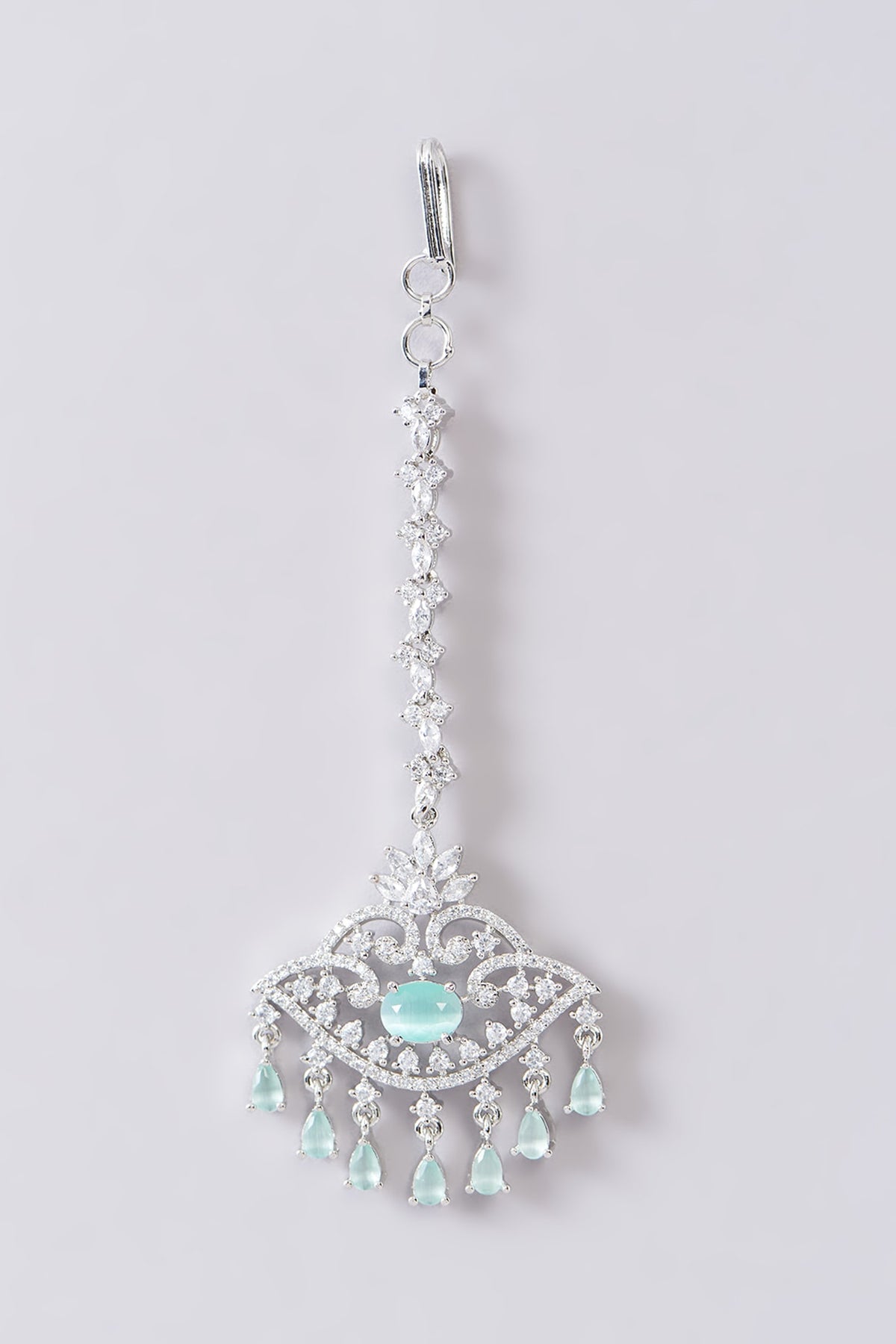 White Finish Zircon & Aqua Stone Maangtikka