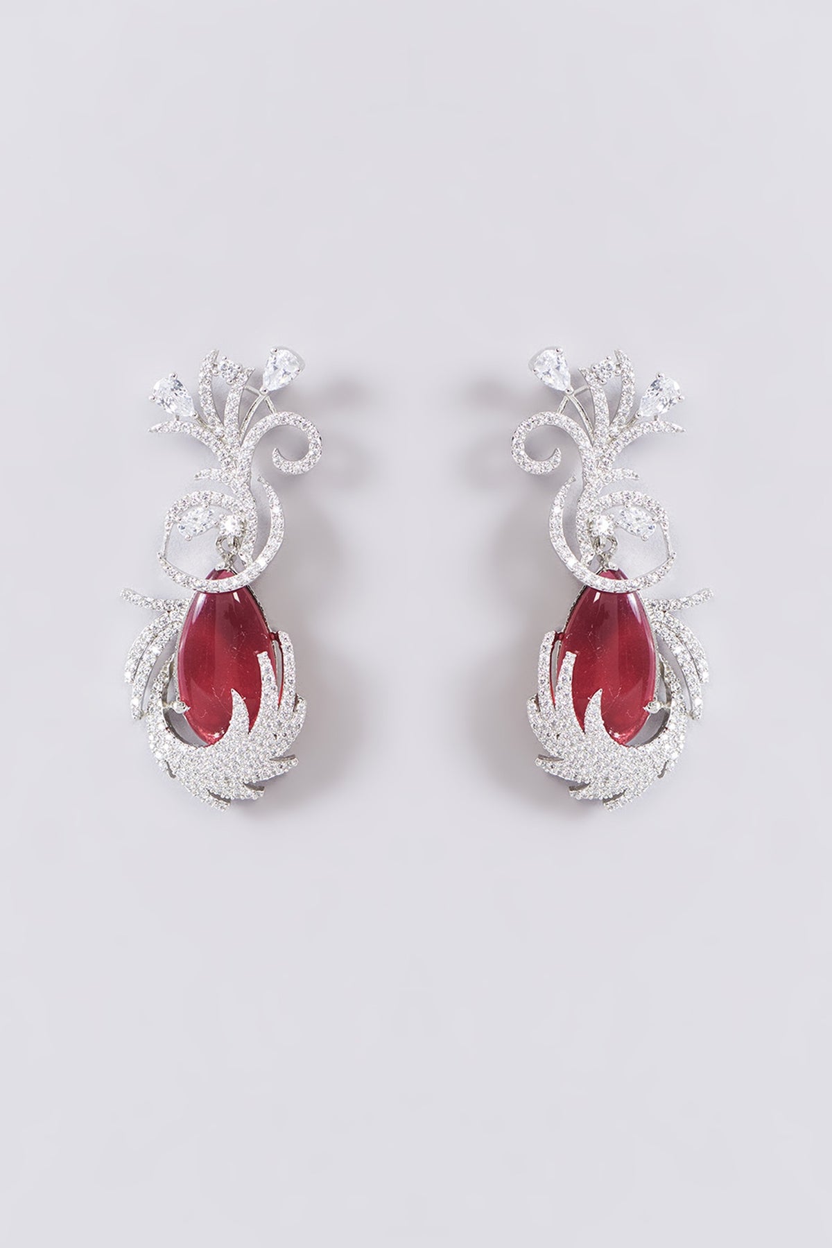 White Finish Zircon & Red Stone Dangler Earrings